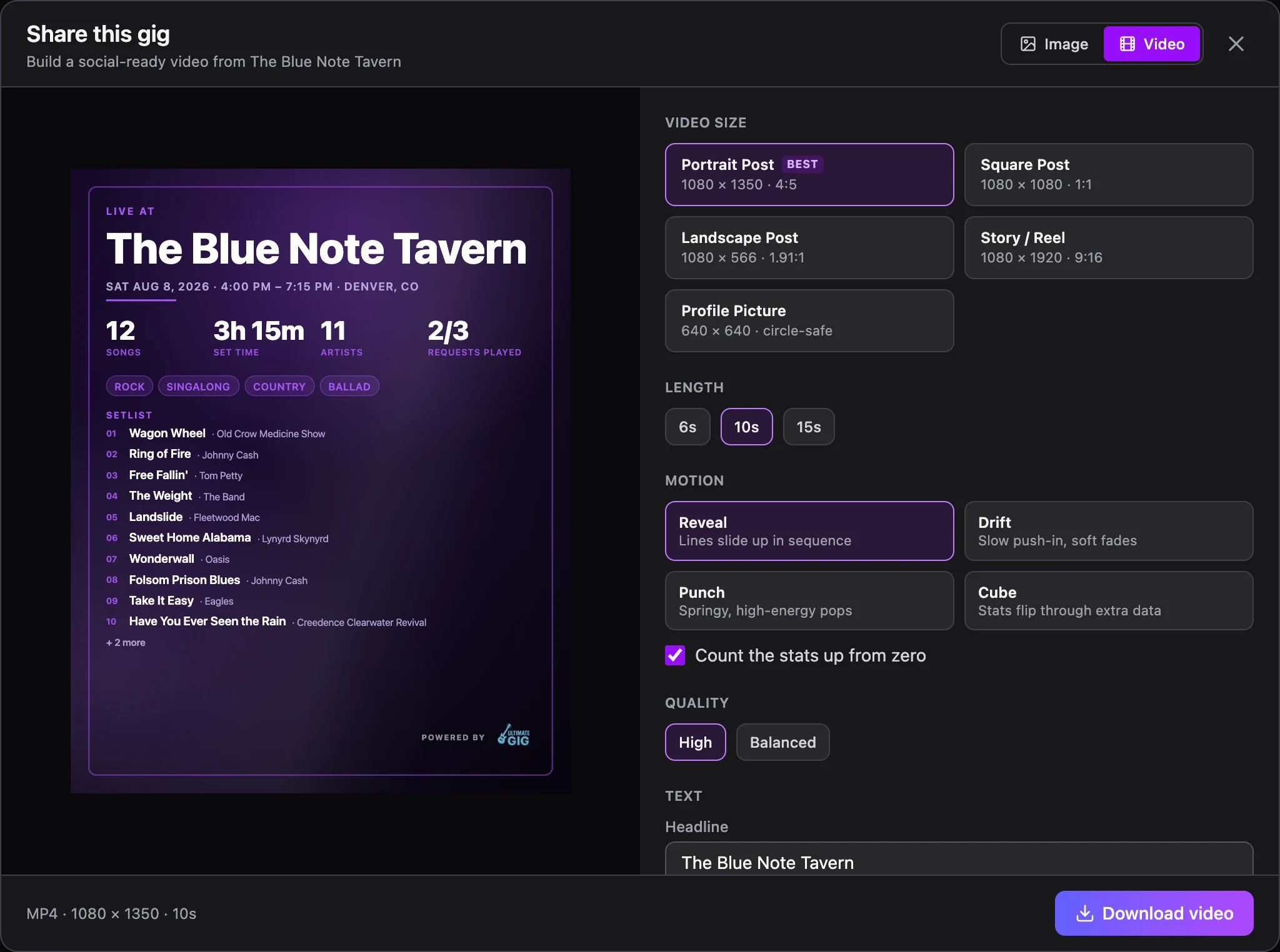 Ultimate Gig's content generator with a live preview of a gig poster beside controls for size, length, motion style and quality