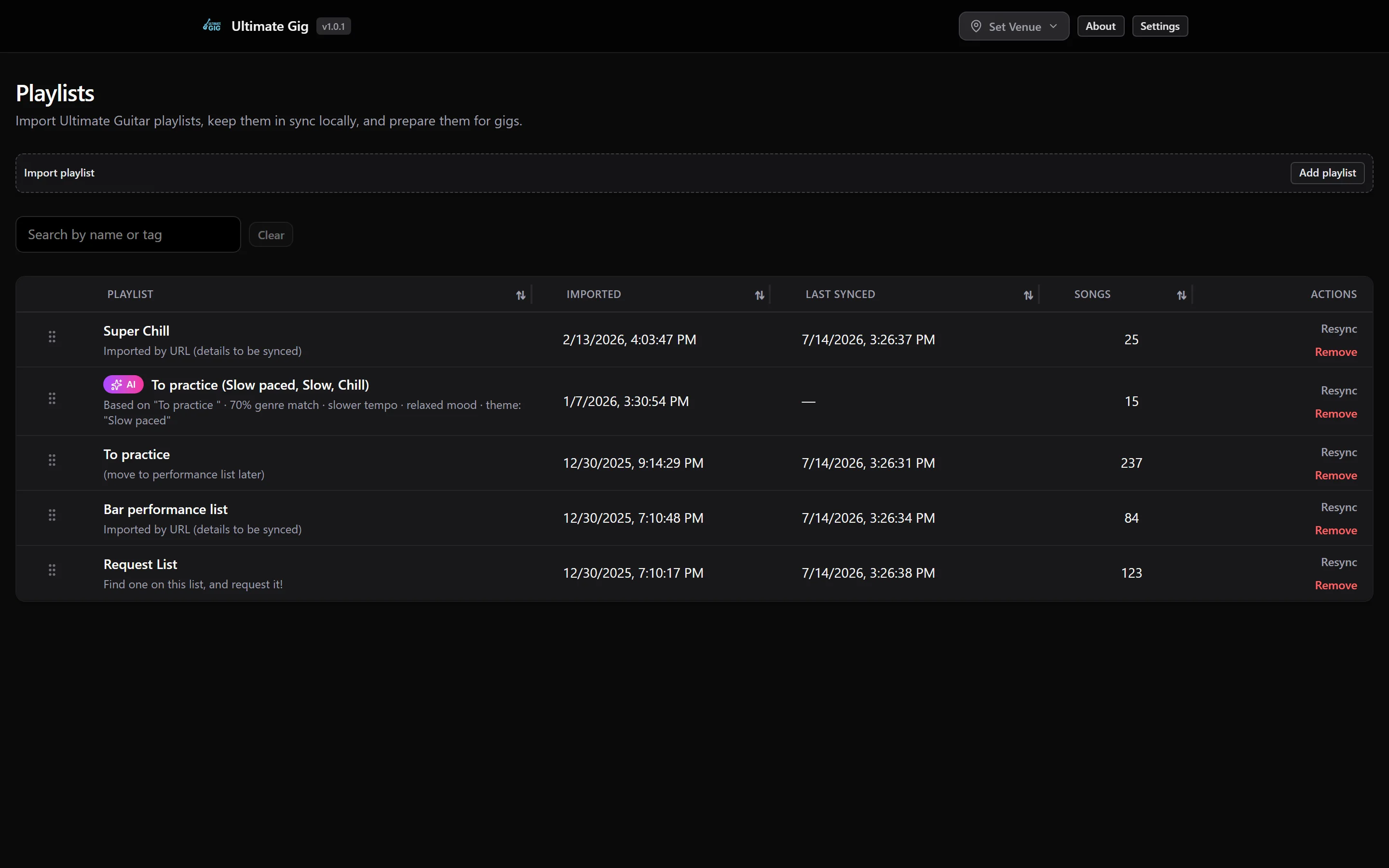 Ultimate Gig dashboard listing imported playlists with song counts and sync times
