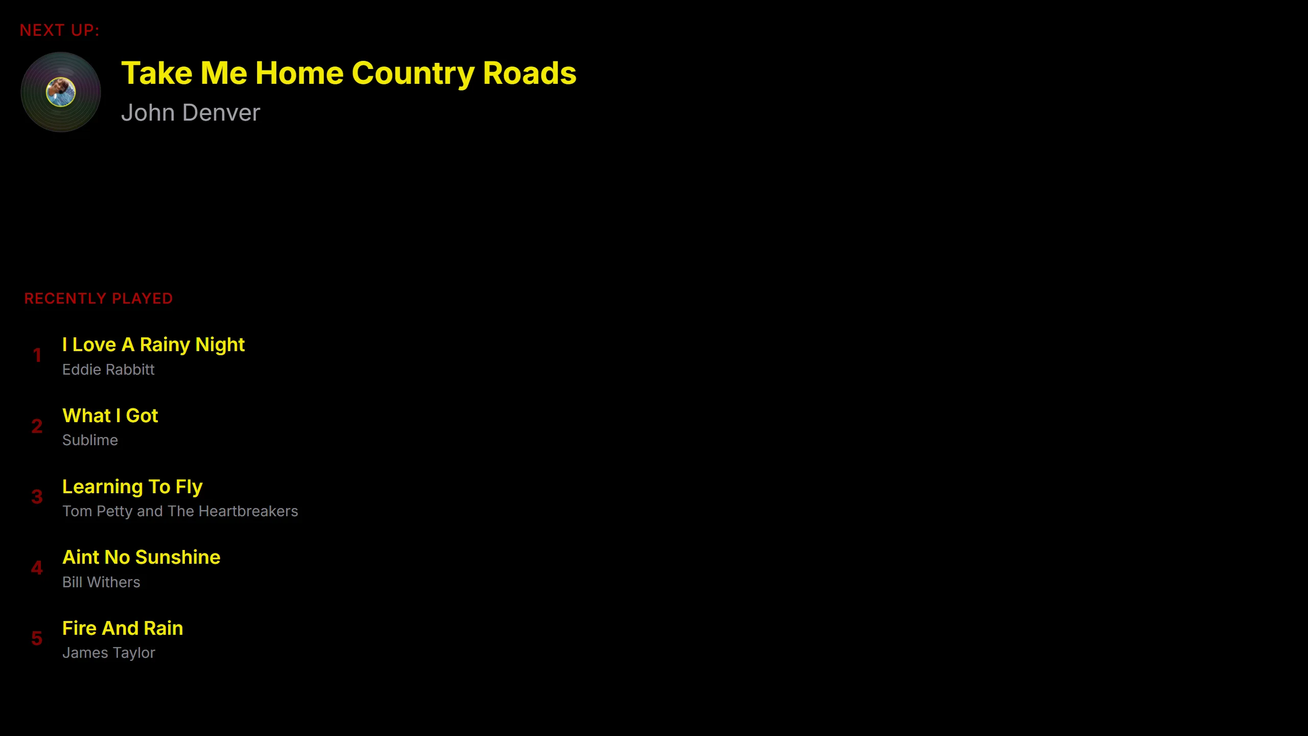 OBS stream overlay showing the next song and a recently played list