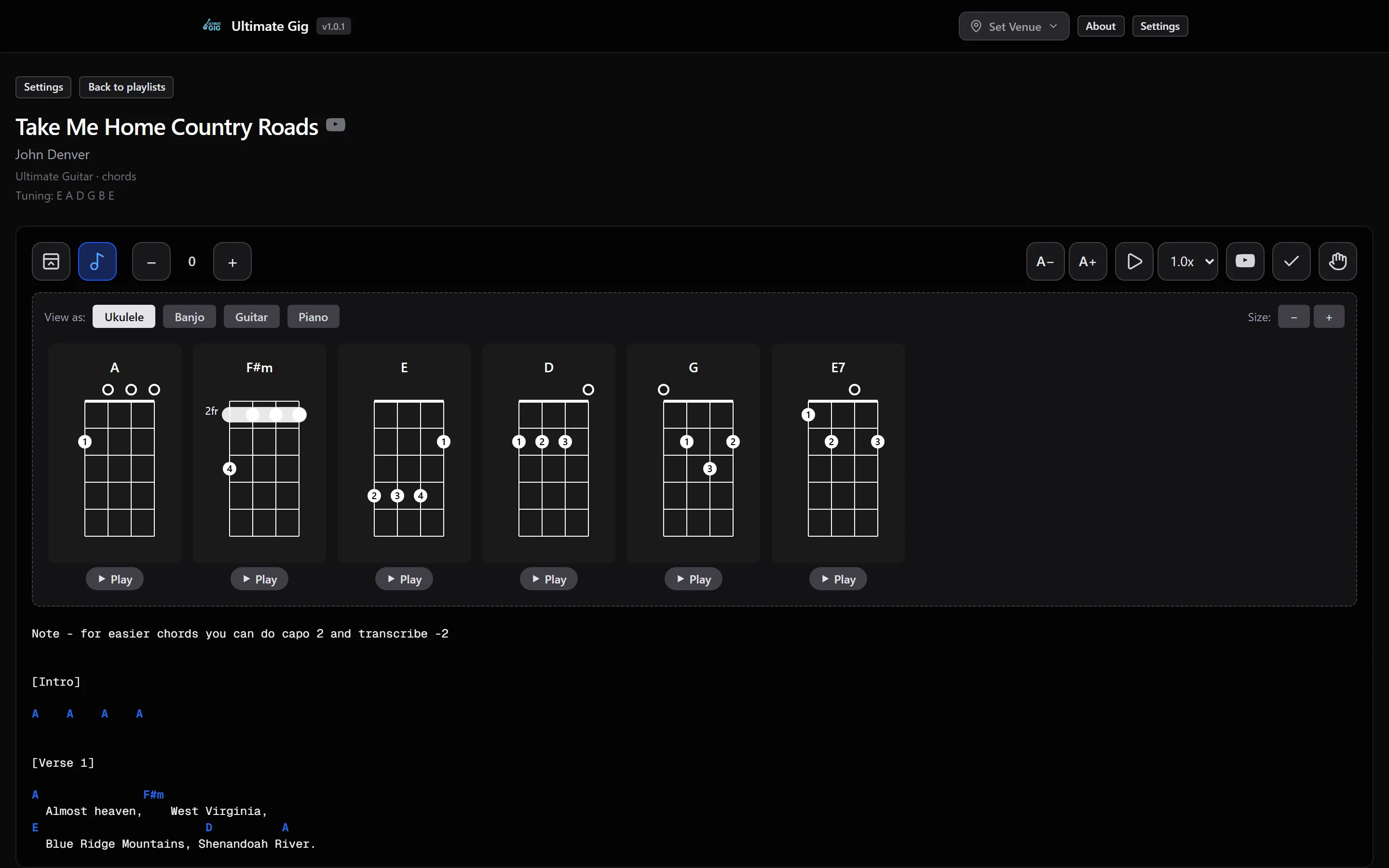 Ultimate Gig song view for Take Me Home Country Roads showing ukulele chord diagrams with play buttons and lyrics with inline chords